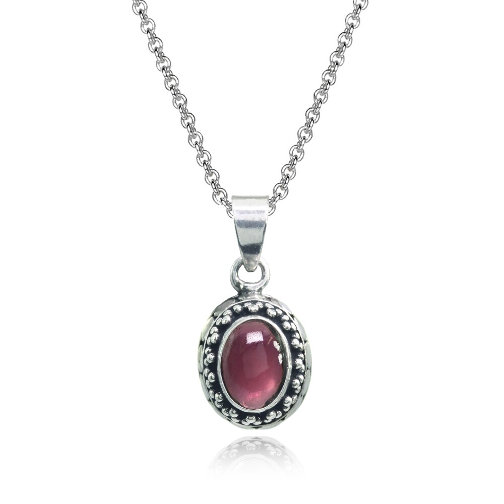 Oval Simulated Cabochon Garnet Thick Oxidized Bali Dainty Necklace in 925 Silver