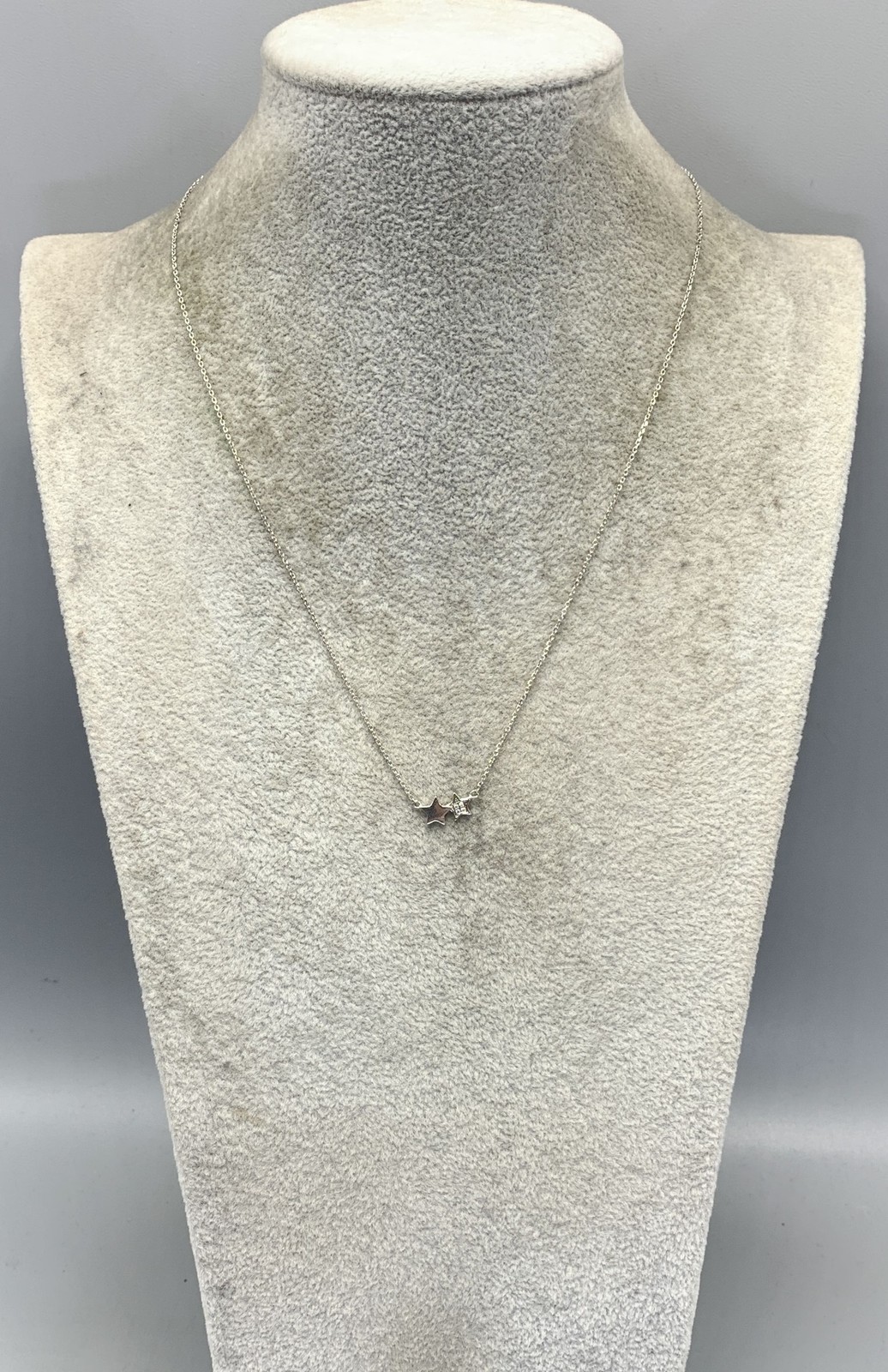 Sterling Silver & White Sapphire (Lab) Chips Double Star Pendant Necklace – 18″