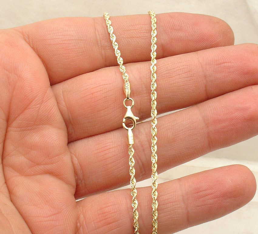 2mm Solid Sparkle Glitter Diamond Cut Rope Chain Necklace Real 10K Yellow Gold