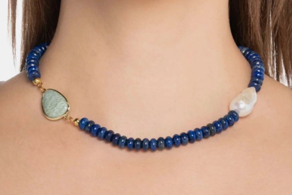 MAYAMAR Pearl and Stone Necklace in Lapis Lazuli, Aventurine, 24K Plated, 16″
