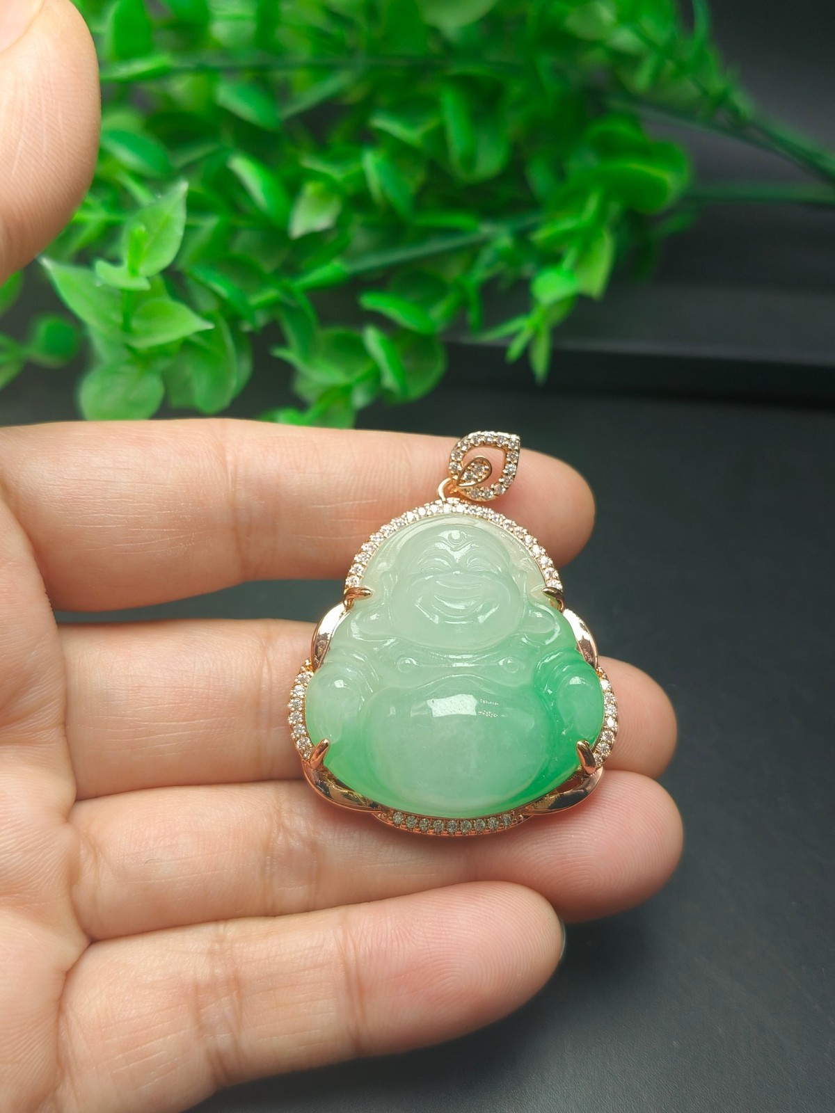 Natural Jadeite light green Carved Smiling Buddha Lucky Pendant 笑佛