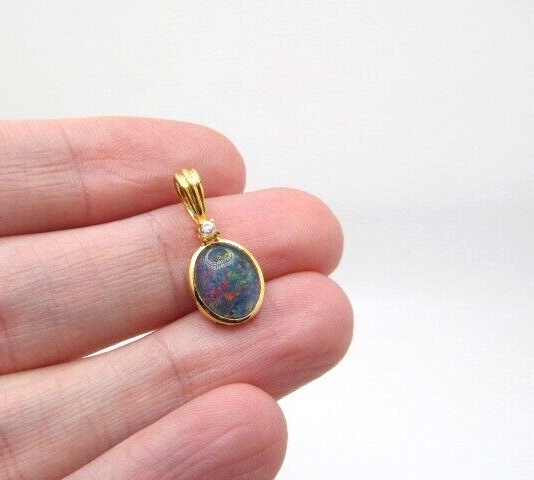 925 Sterling Silver Gold Oval Triplet Opal Iridescent Clear Stone Pendant