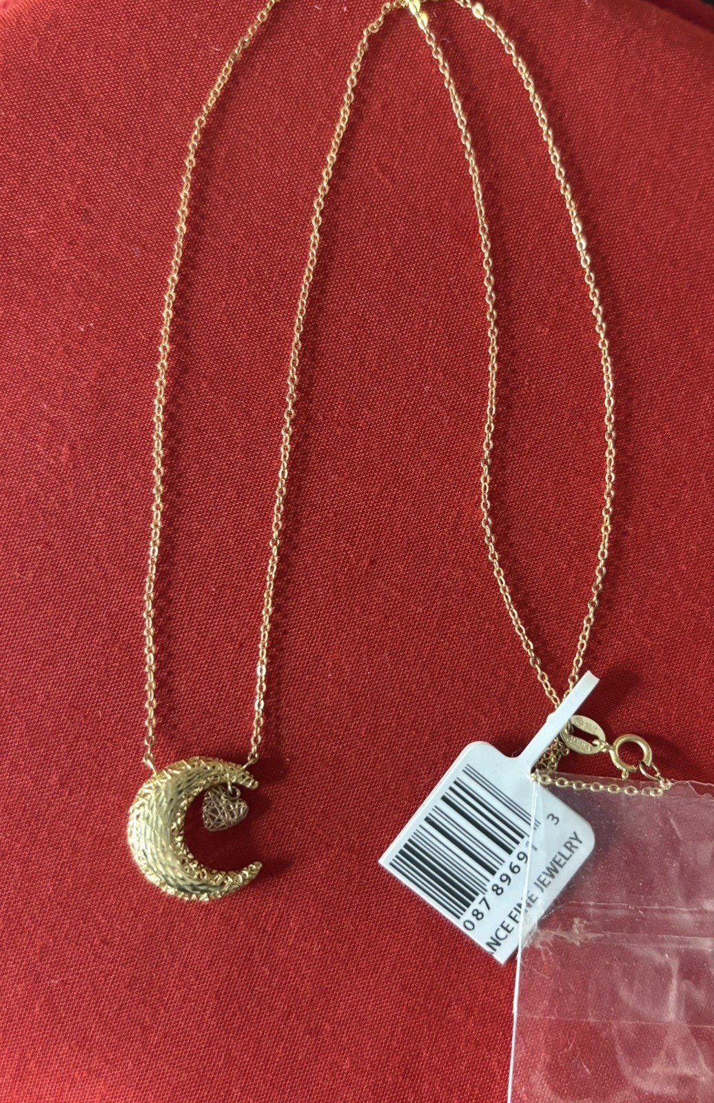 10K SOLID YELLOW GOLD 3D MOON & ROSE HEART PENDANT ON CABLE CHAIN NECKLACE.