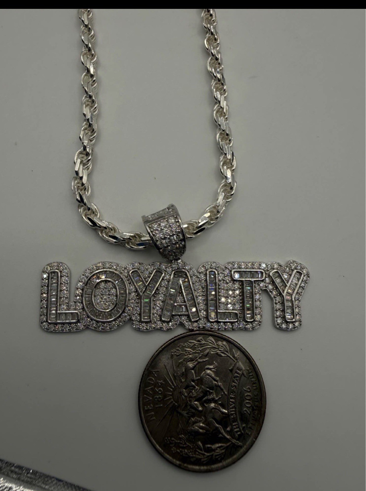 Solid 925 Sterling Silver Italy Rope Chain w/ Moissanite “LOYALTY” Pendant 24”