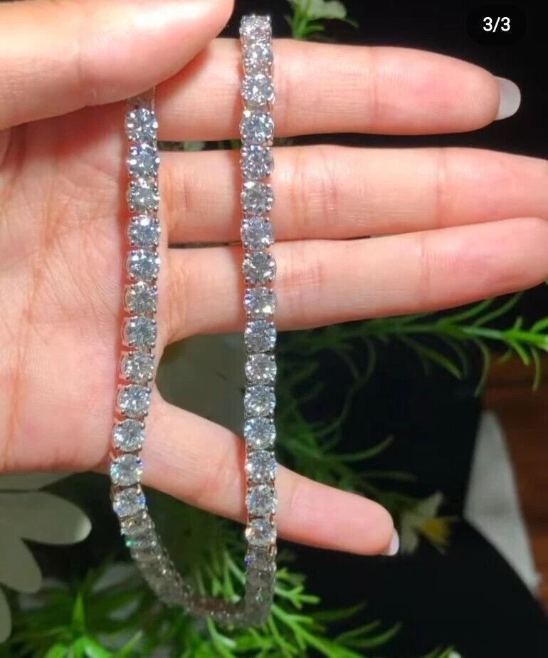 Certified 28 TCW Round Cut Moissanite Tennis Necklace 14K White Gold Plated 18″