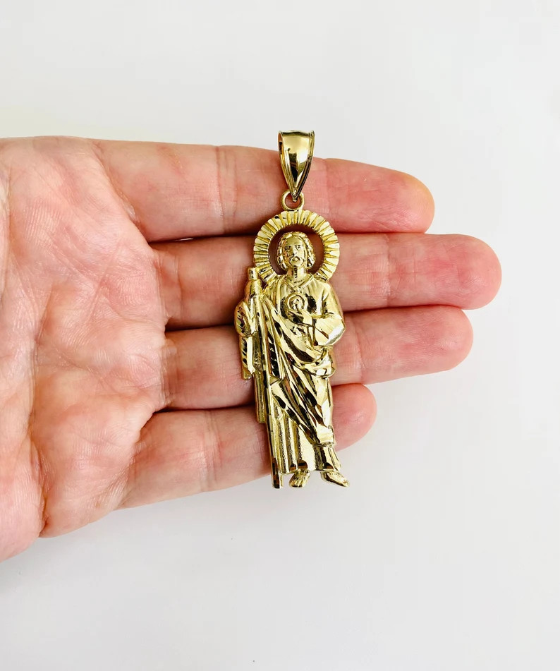 10k Solid Gold 2.9″ Saint Jude Thaddeus, Real Gold Saint Jude Pendant – G115