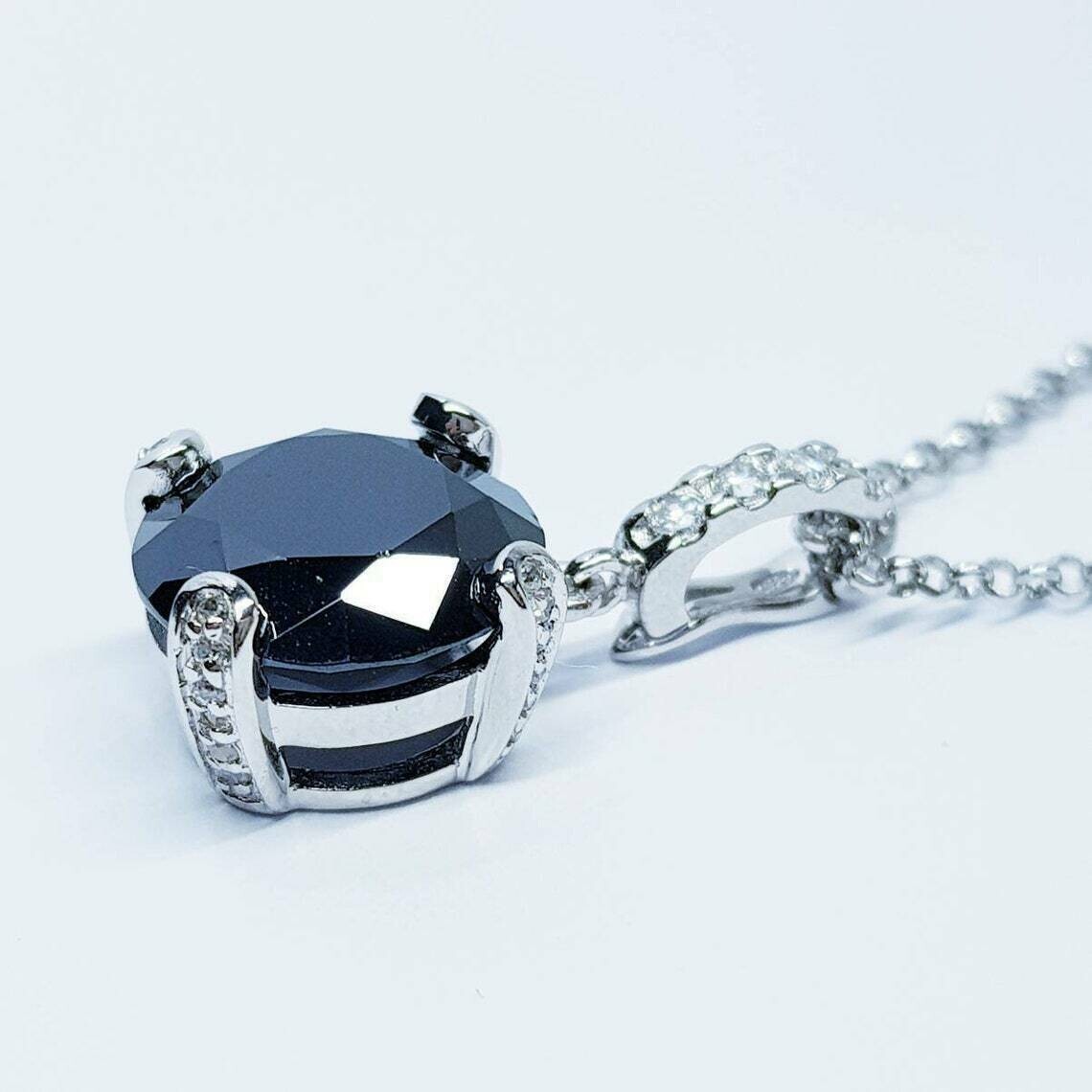 2Ct Round Cut Black Diamond Solitaire Pendant Free Chain 14K White Gold Finish