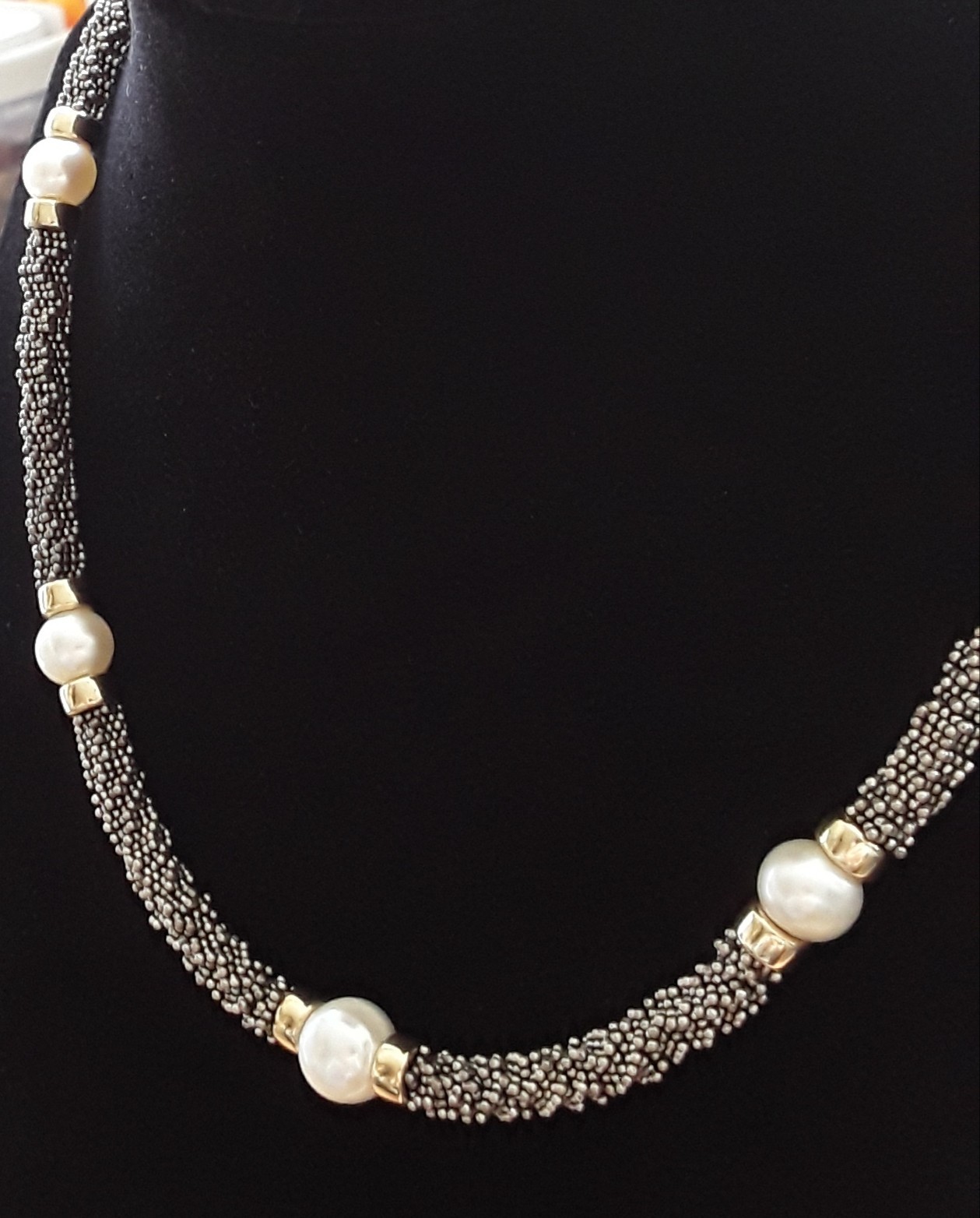 Elegant 16″ Sterling Silver Bead Necklace with Pearls and 14K Yellow Gold