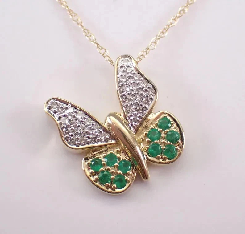 2Ct Round Cut Lab Created Emerald Butterfly Pendant 14K Yellow Gold Plated