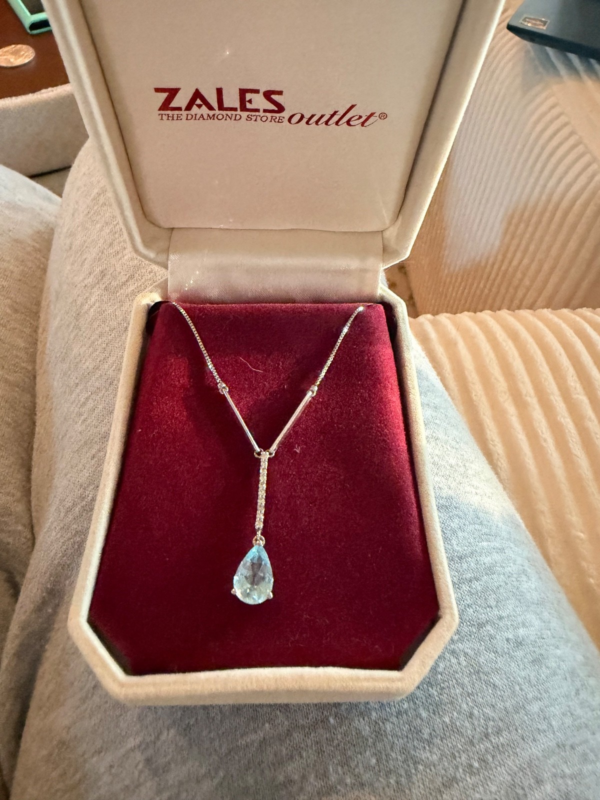 14K White Gold Pear Aquamarine & Diamond Drop Necklace – 18” Box Chain