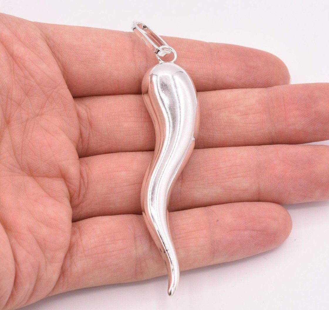 3.5″ Huge Cornicello Italian Horn Pendant Charm Real 925 Sterling Silver