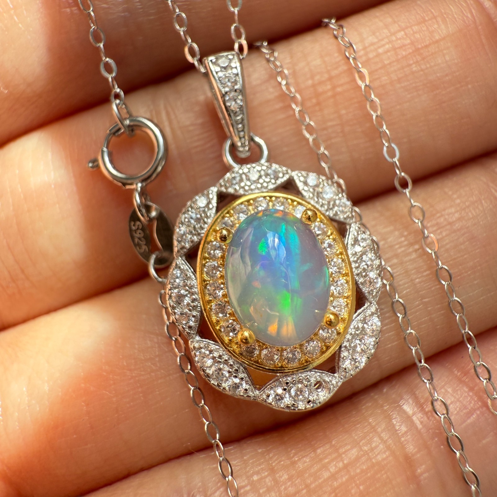 925 Sterling Silver Necklace 8x6mm Natural Opal 14K Gold Plated Flower Chain NEW