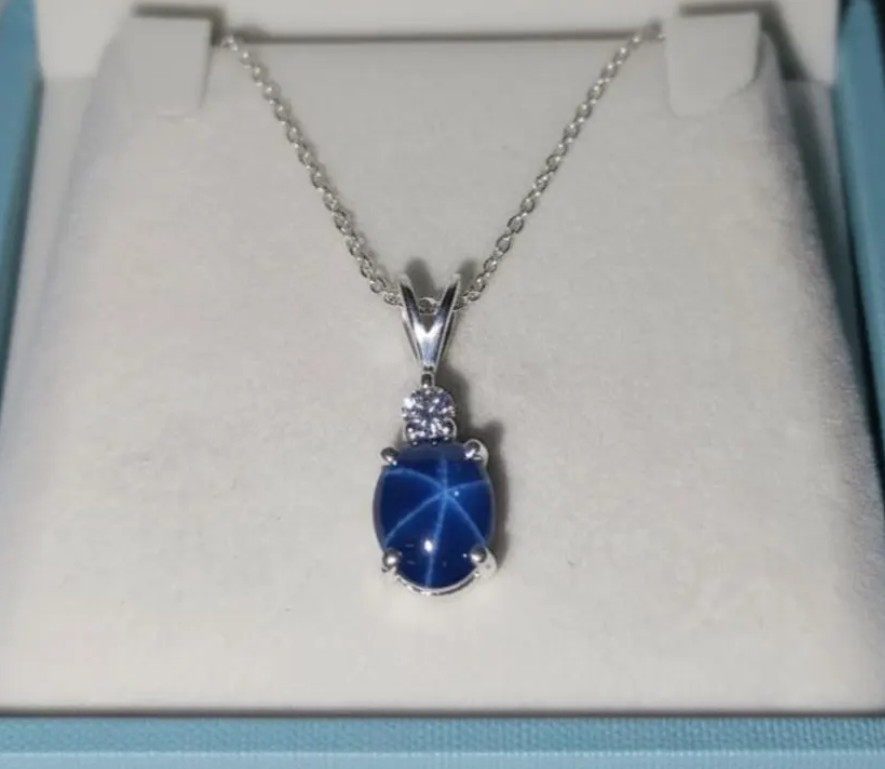 Solid 925 Silver Blue Lindy Star Sapphire Pendant Necklace Gift Women’s Jewelry
