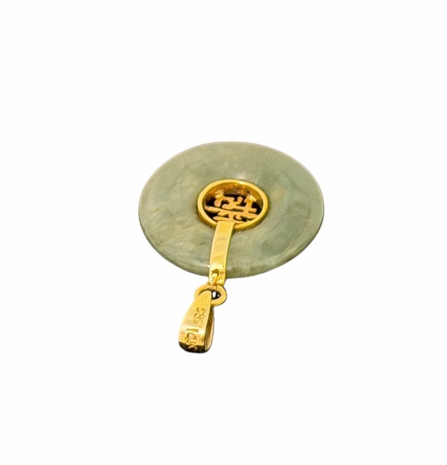 14K Gold Green Jade Donut Pendant Chinese Longevity Symbol Bi Disc