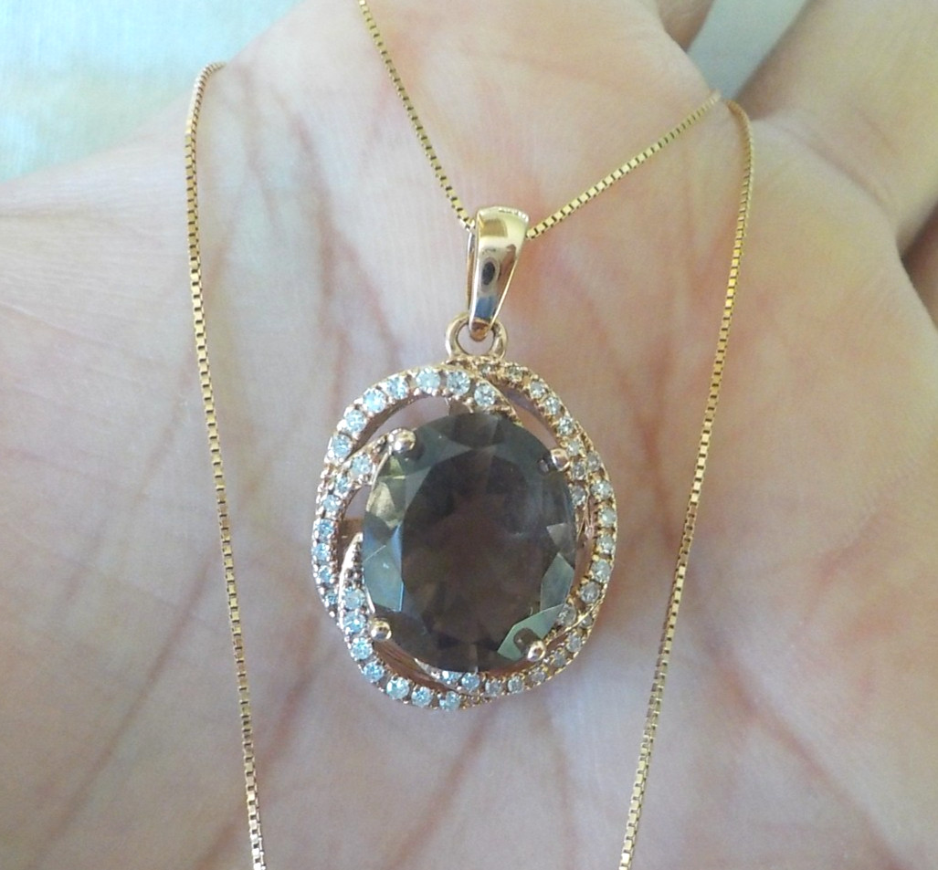 14K Rose Gold Spiral Halo Smoky Quartz Diamond Necklace – 4.20 gms, 18.5 in