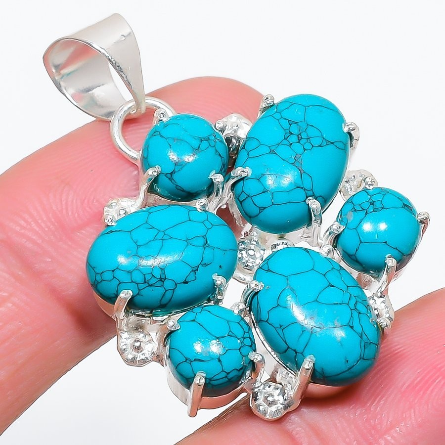 Green Turquoise Gemstone 925 Sterling Silver Jewelry Pendant Size 1.65″For Gift