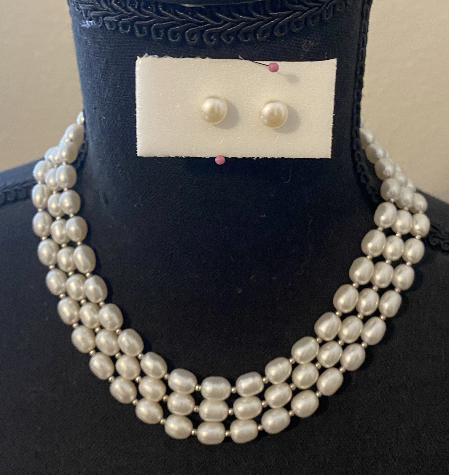 Vintage Imperial Pearl Syndicate 3 Strand Baroque Necklace Earring Set 14k 925.