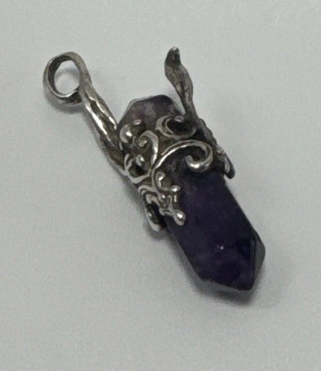 Amethyst Crystal Point Pendant Ornate Silver Tone Filigree Boho 1”