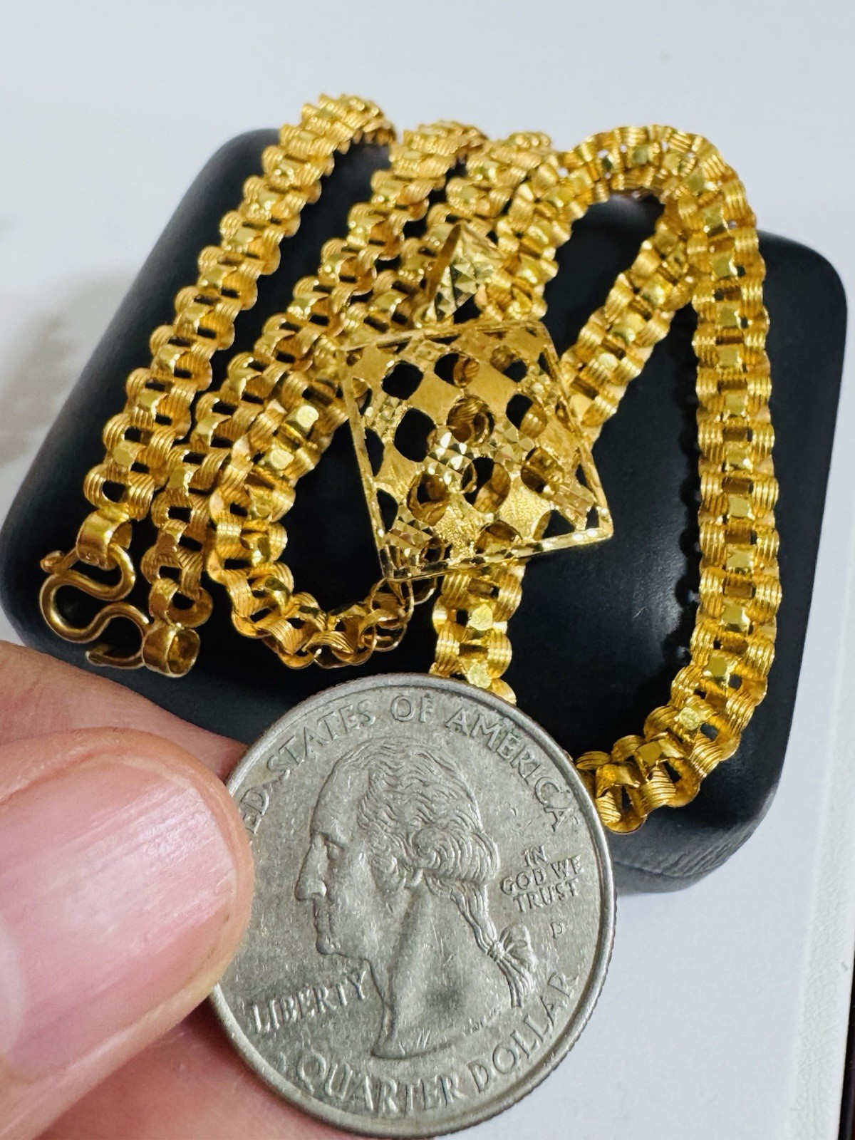 Solid 22K 916 Real Saudi Gold Rectangle Set Necklace 17”/17.5” Long 21.2g 6mm