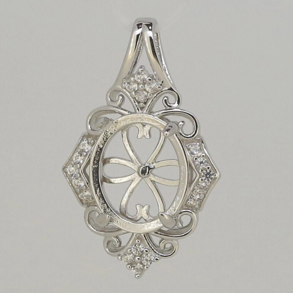 Sterling Silver Semi Mount Pendant Setting Oval 12x10mm White Zircon Cabochon