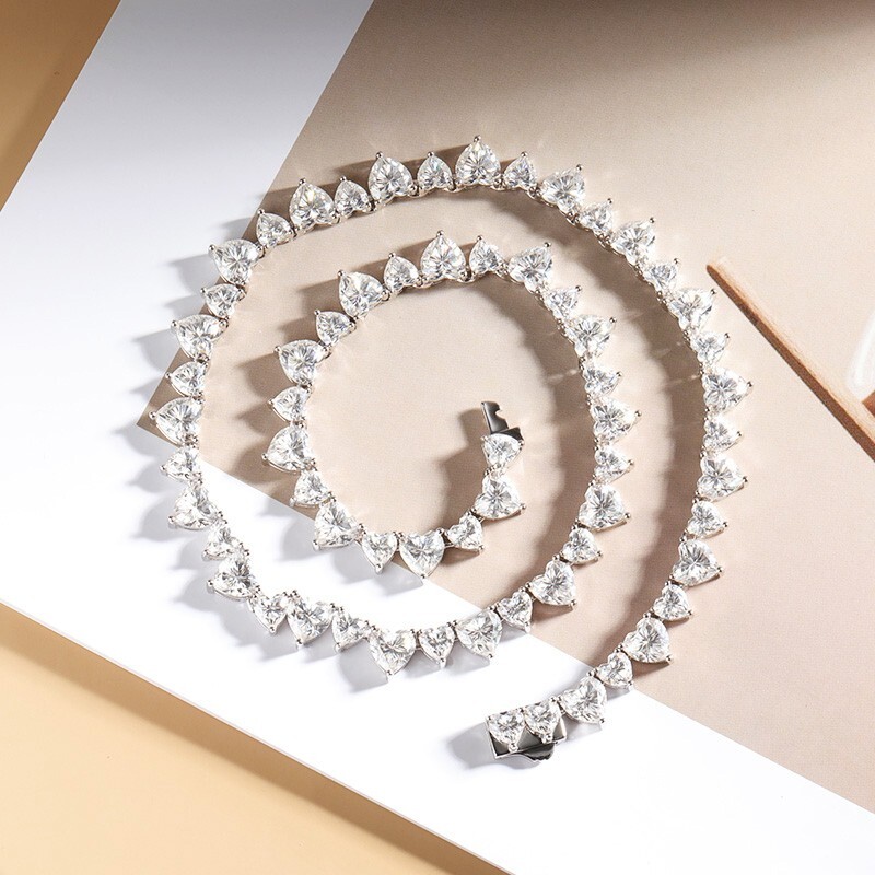 Heart Cut Real Moissanite Women Tennis Necklace Choker 18K White Gold Plated GRA