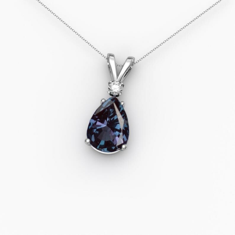 Teardrop Cut Silver Alexandrite Necklace June Birthstone Color Changing