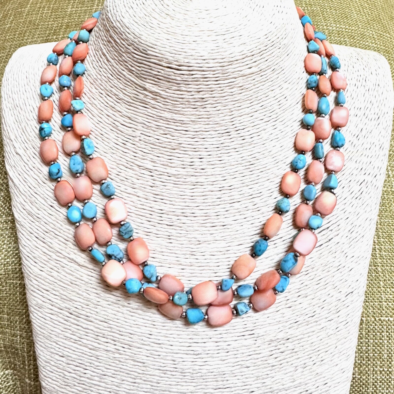 TURQUOISE Necklace Sterling Coral Mother of Pearl Bead 3-Strand VERY GOOD COND