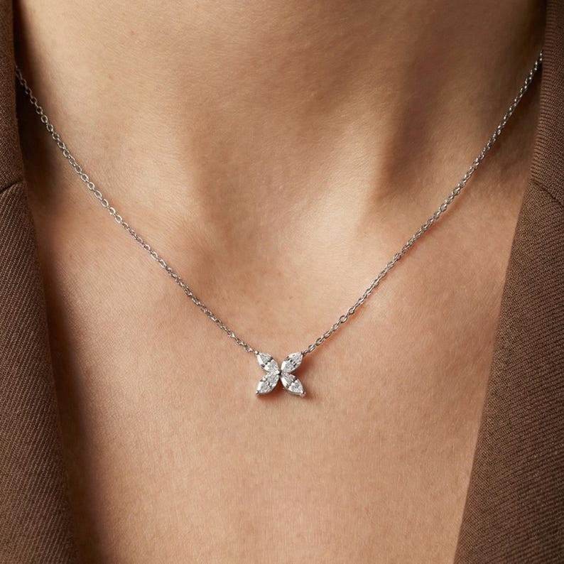 Marquise Cut Flower Necklace Four Petal Cluster Sterling Silver Floral Jewelry