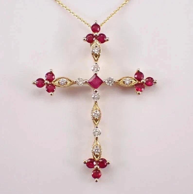 1.60CT Round Cut Lab-Created Red Ruby Women Cross Pendant 14K Yellow Gold Plated