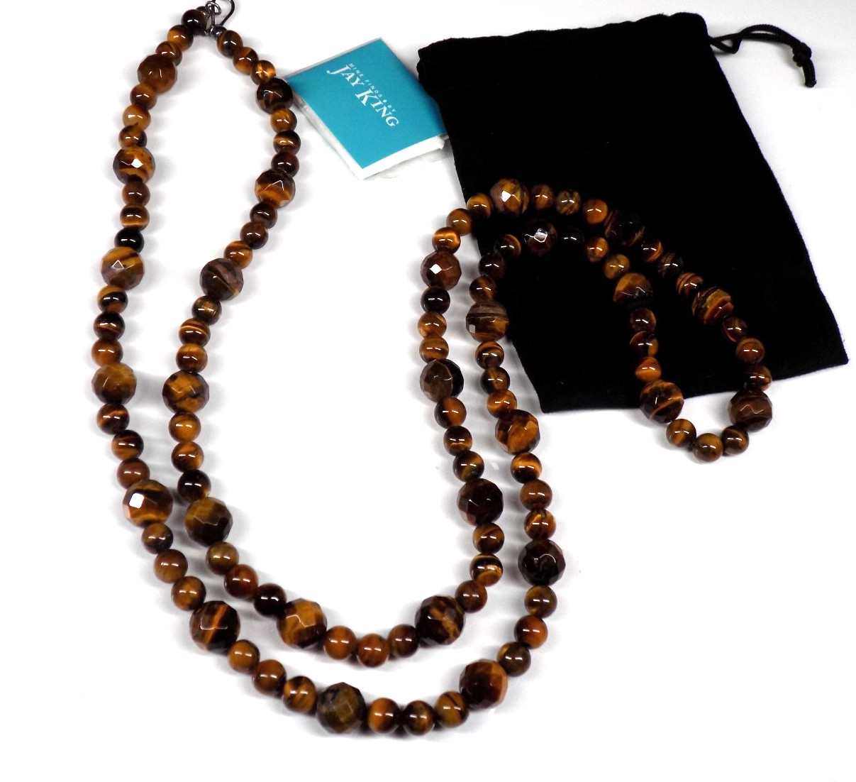 Jay King Tiger’s Eye Long Necklace 925 Sterling Silver 42″ Faceted Round Beads