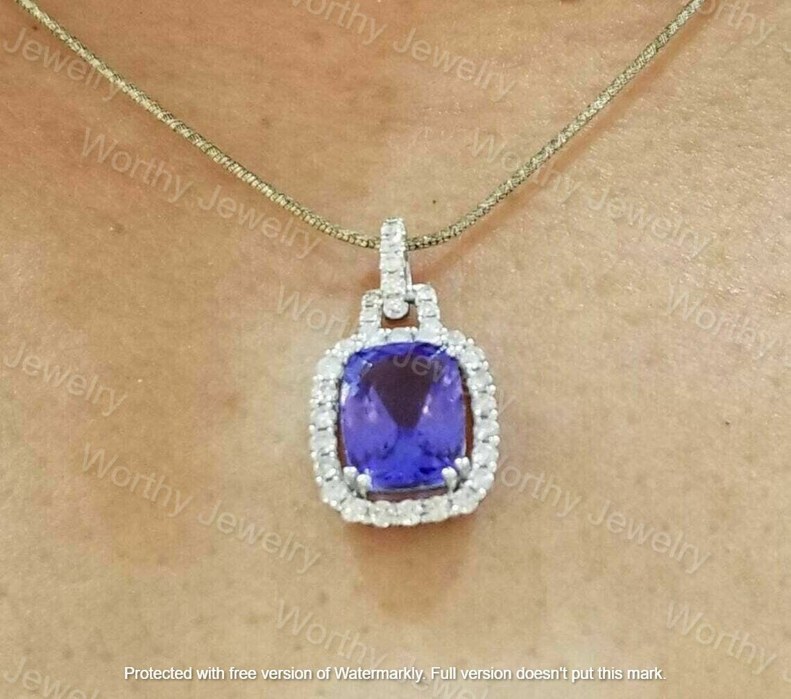 5Ct Cushion Cut Blue Tanzanite Diamond Pendant 14K White Gold Finish Free Chain