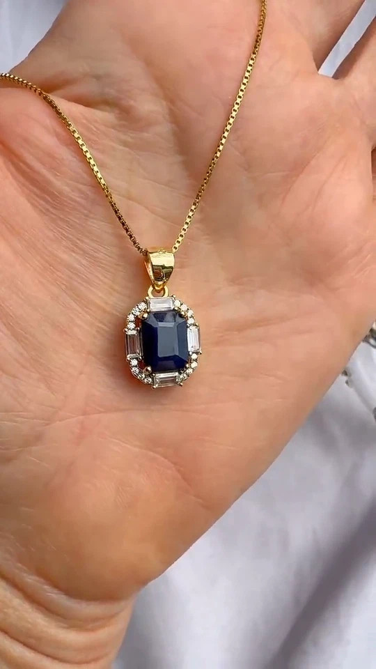 3Ct Emerald Cut Lab Created Sapphire & Diamond Halo Pendant 14K Yellow Gold Over