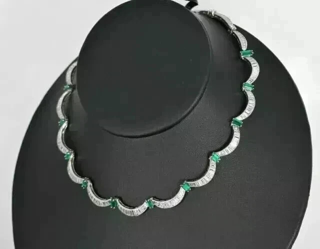 17CT Lab Created Emerald /Moissanite Women Tennis Necklace 14K White Gold Plated