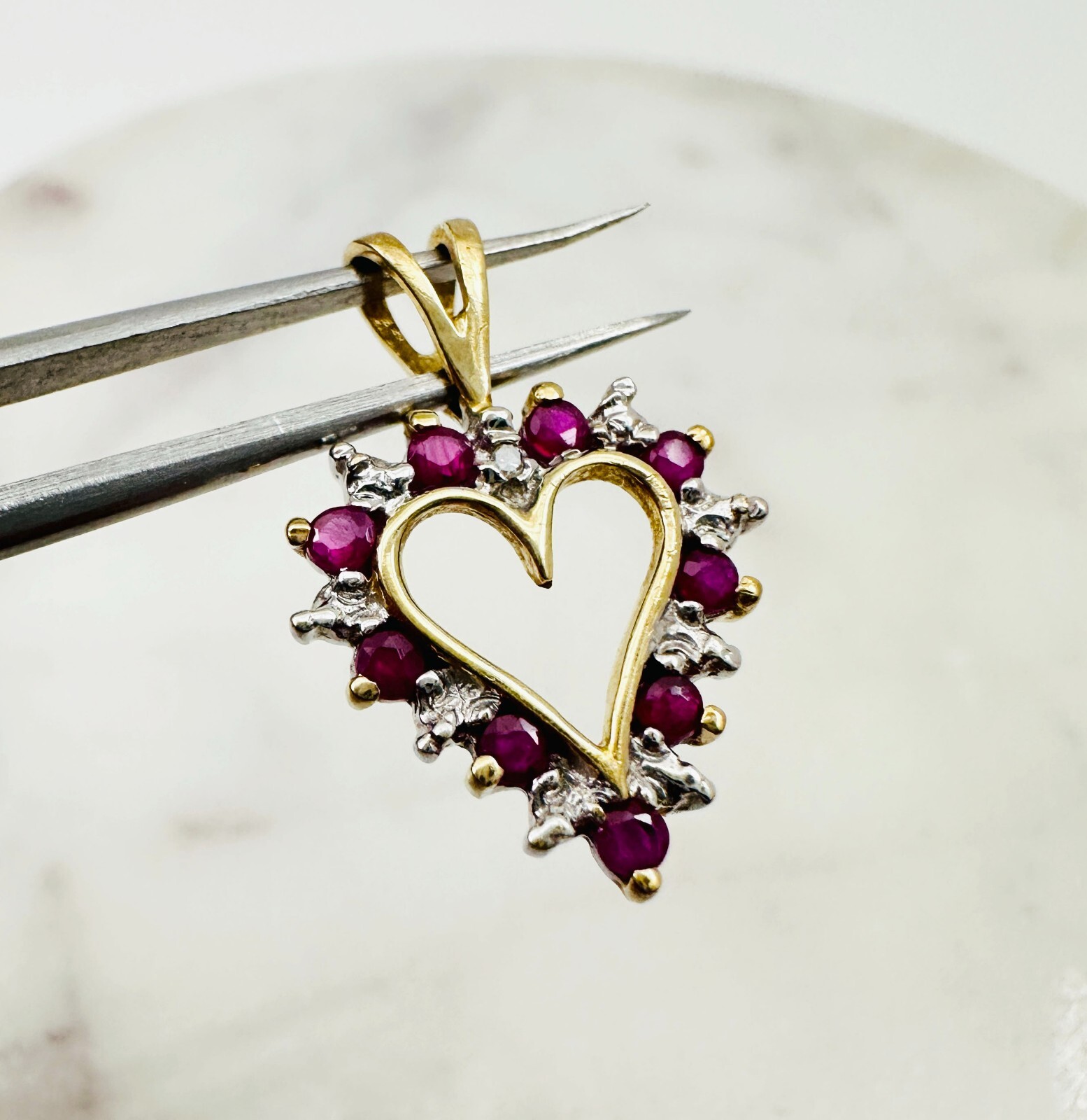 Estate 10K Multi-Tone Gold Ruby w/Diamond Accent Small Heart Pendant 19x13mm