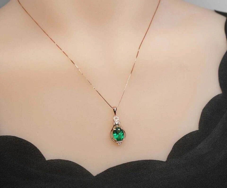 2Ct Oval Cut Green Emerald Flower Dangle Pendant 14K Rose Gold Over Free chain