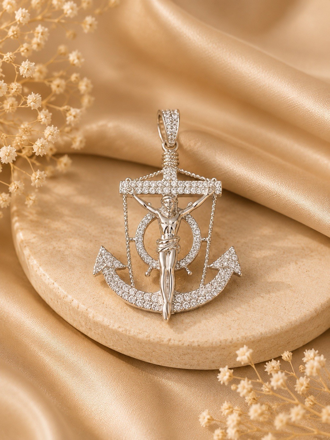 925 Sterling Silver CZ Jesus Anchor Cross Pendant- Barcode 925100