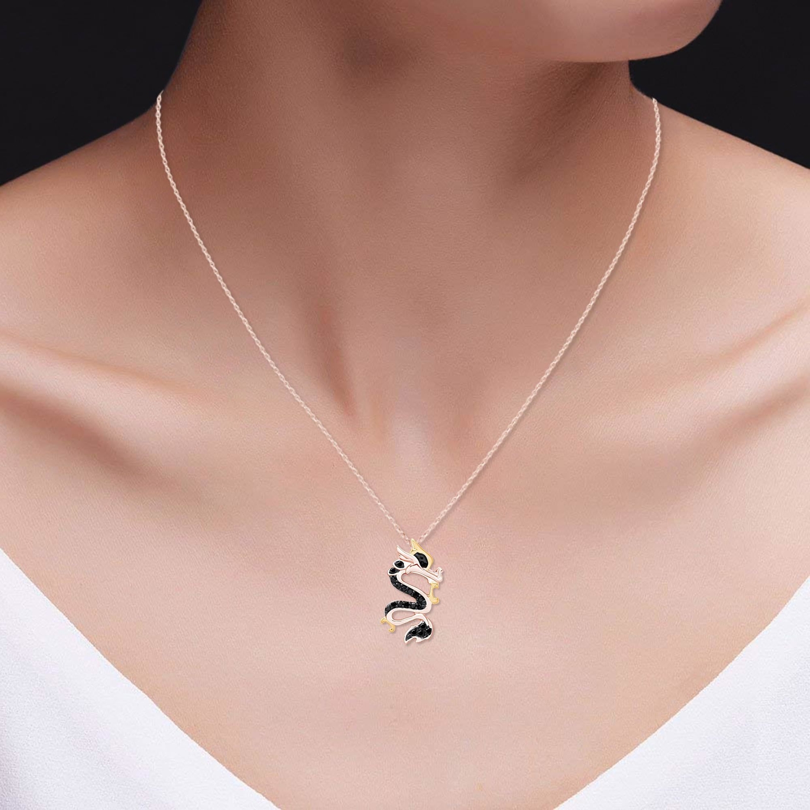 1/8 Ct Real Black Diamond Two Tone Year Of The Dragon Pendant Necklace Sterling