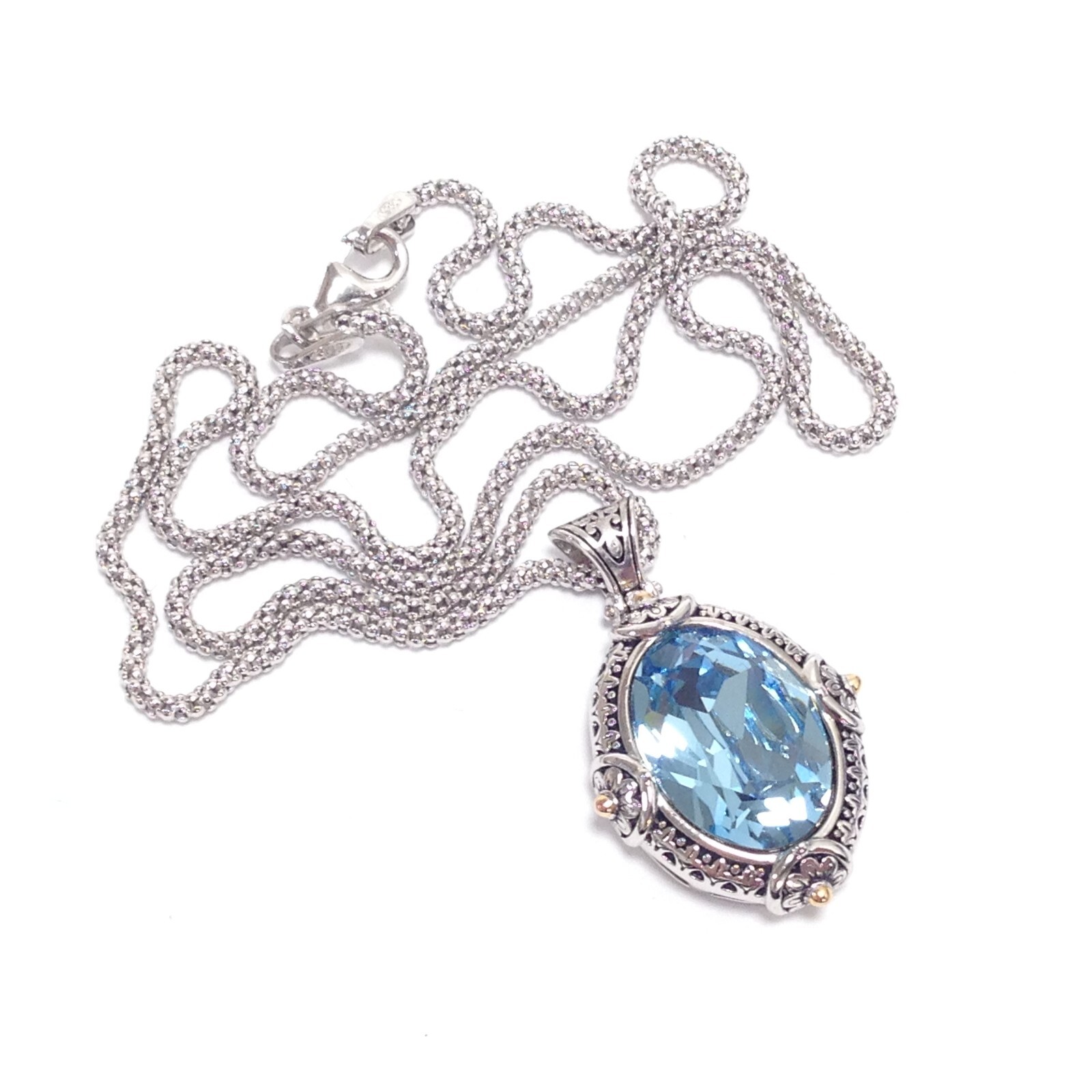 FD 925 Sterling Silver Blue Crystal Pendant Popcorn Chain Necklace 17.5″ Jewelry