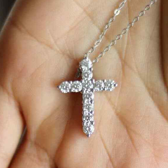1.5Ct Real Diamond 14k White Gold Cross Pendant Religious Charm