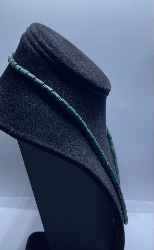 925 Sterling Silver Malachite Beaded Necklace 19.5″ Green Cylinder Beads 24g