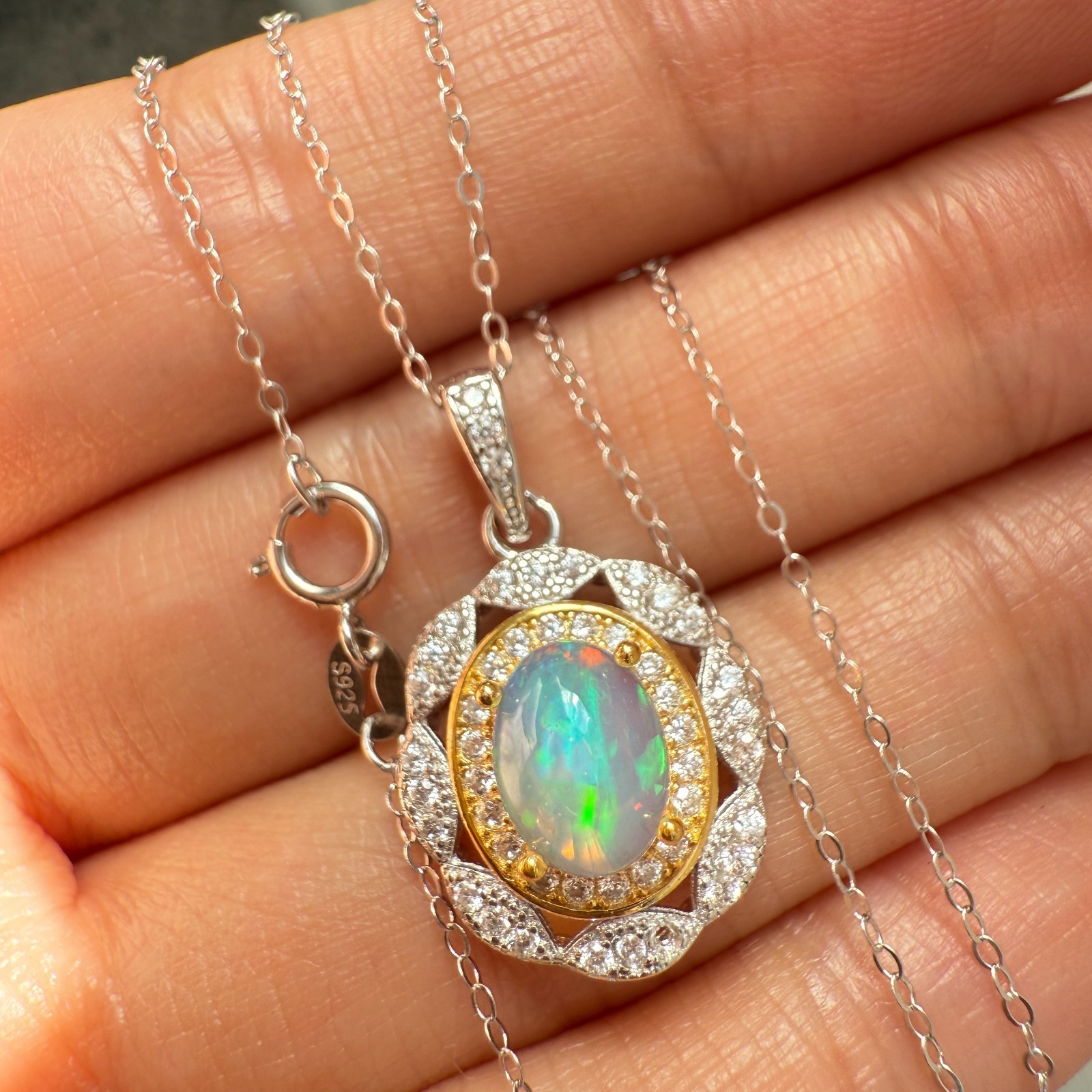 925 Sterling Silver Necklace 8x6mm Natural Opal 14K Gold Plated Flower Chain NEW