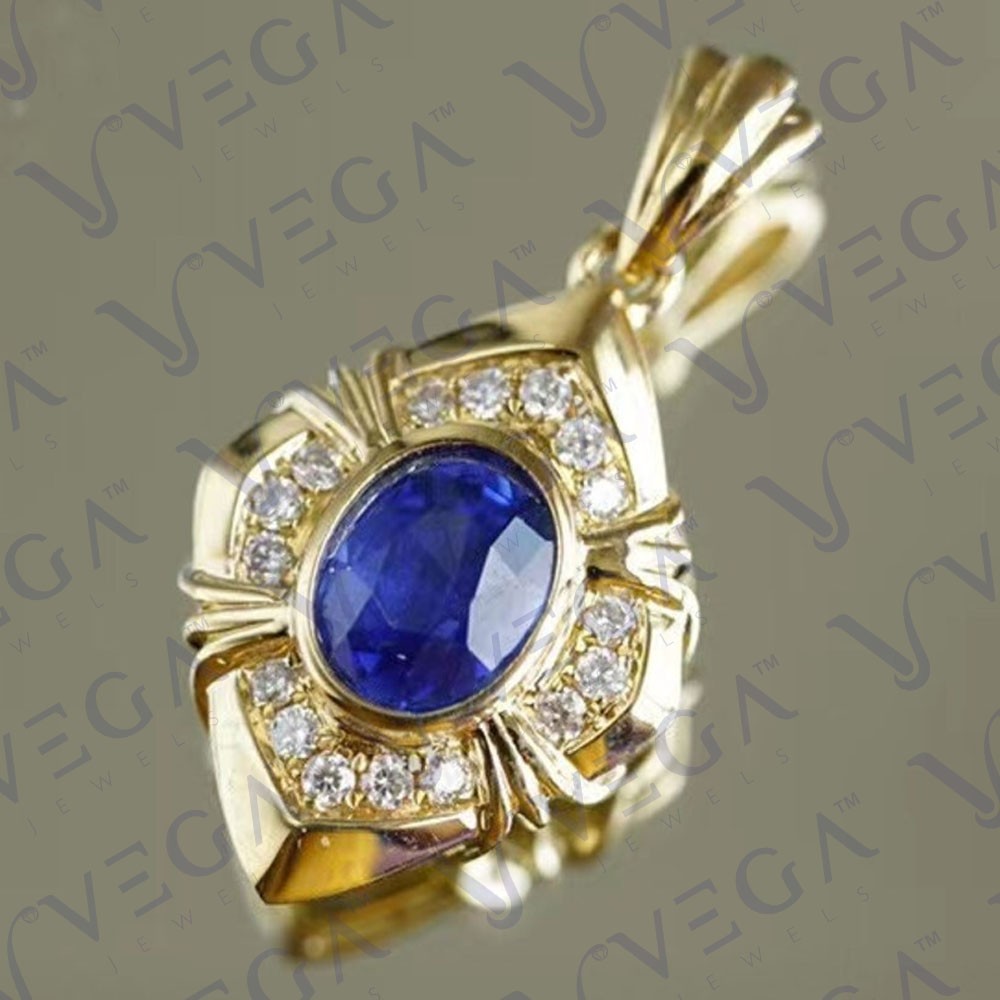 6.00ct Oval Natural Blue Sapphire Diamond Solid 14K Yellow Gold Pendant No Chain