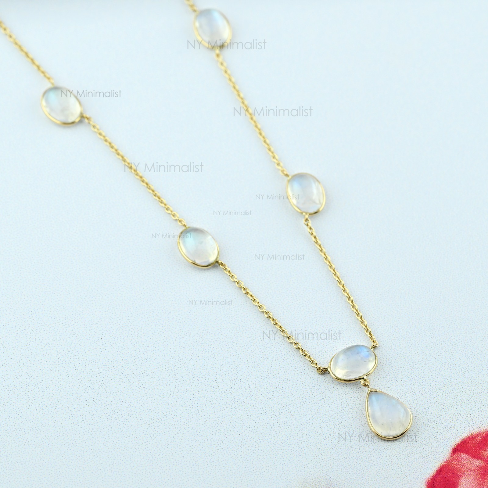 Solid 14K Yellow Gold Genuine Rainbow Moonstone Charm Necklace June Birthstone