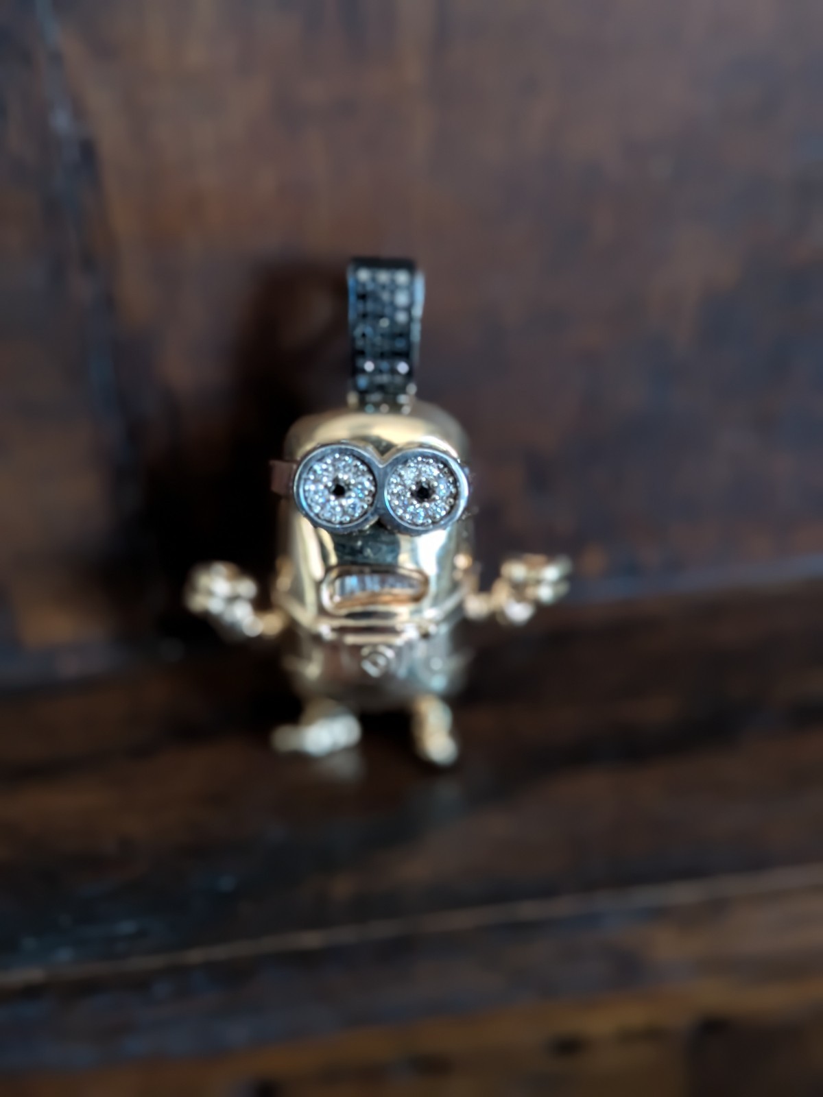 One of a Kind 14k Gold Minion Pendant White & Black Diamond 15.11g
