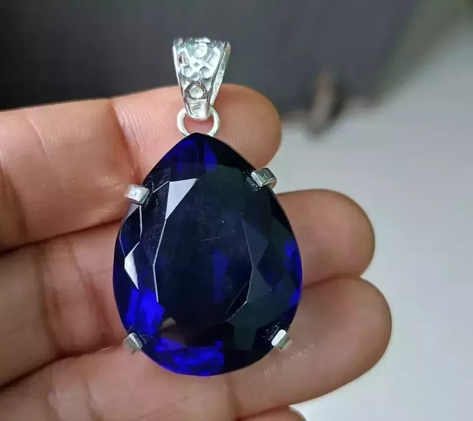 Natural 30 Ct Blue Sapphire Pear Cut 925 Silver Pendant Certified Loose Gemstone