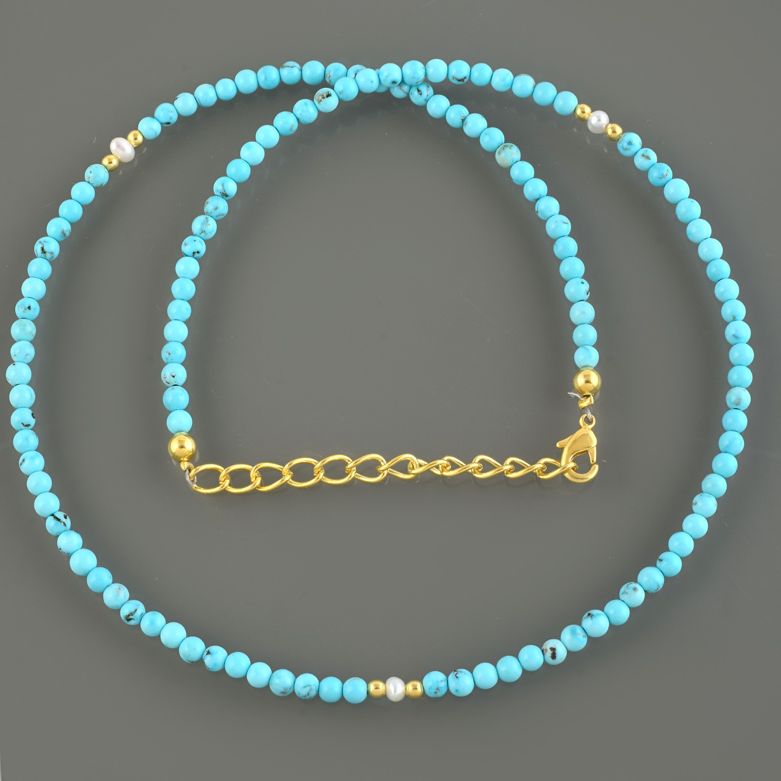Natural Blue Turquoise 3mm Beaded Necklace 925 Sterling Silver 18″ Handmade Gift