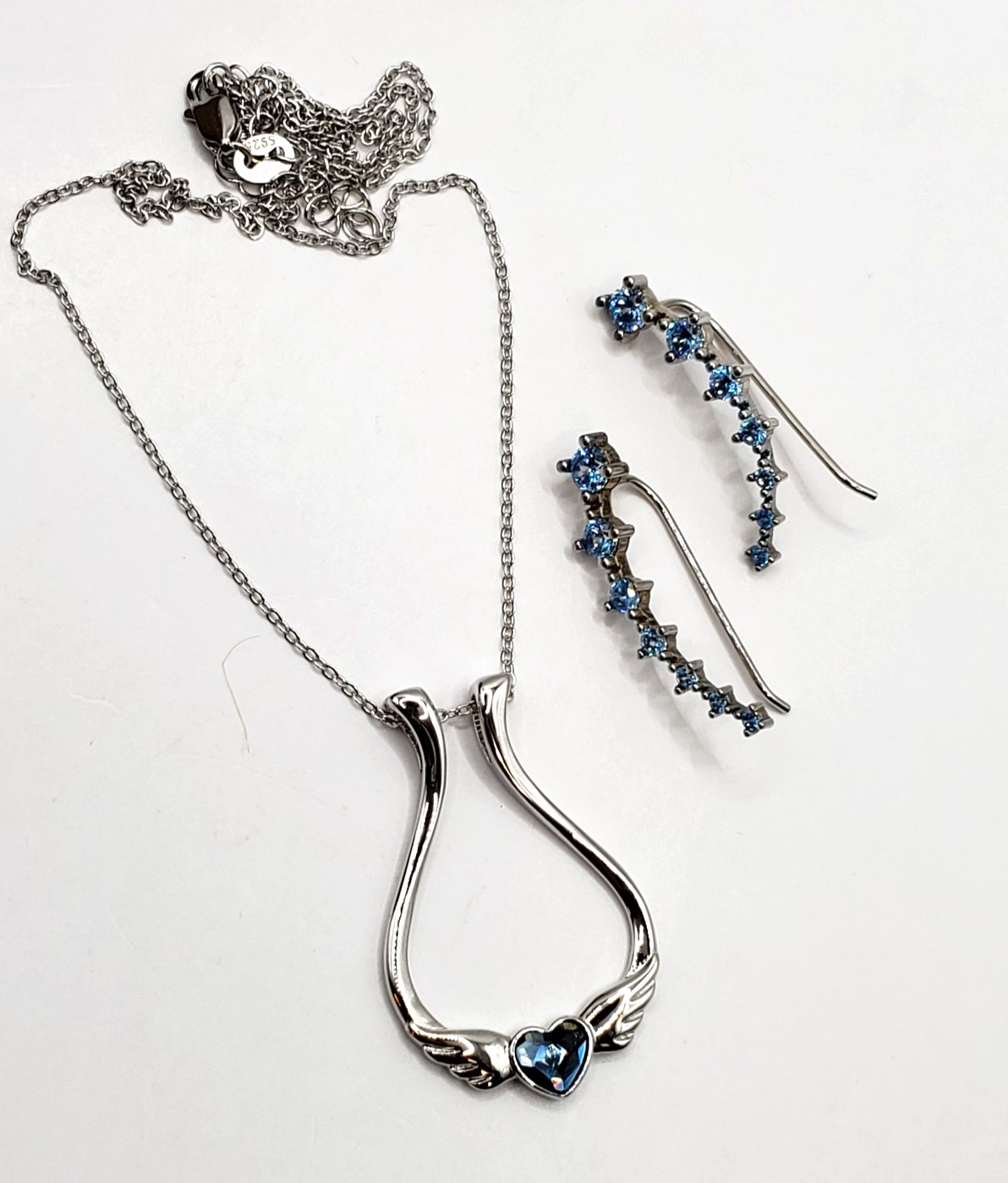 925 Sterling Silver Heaven Angel Wings Blue Arch Necklace & Earrings
