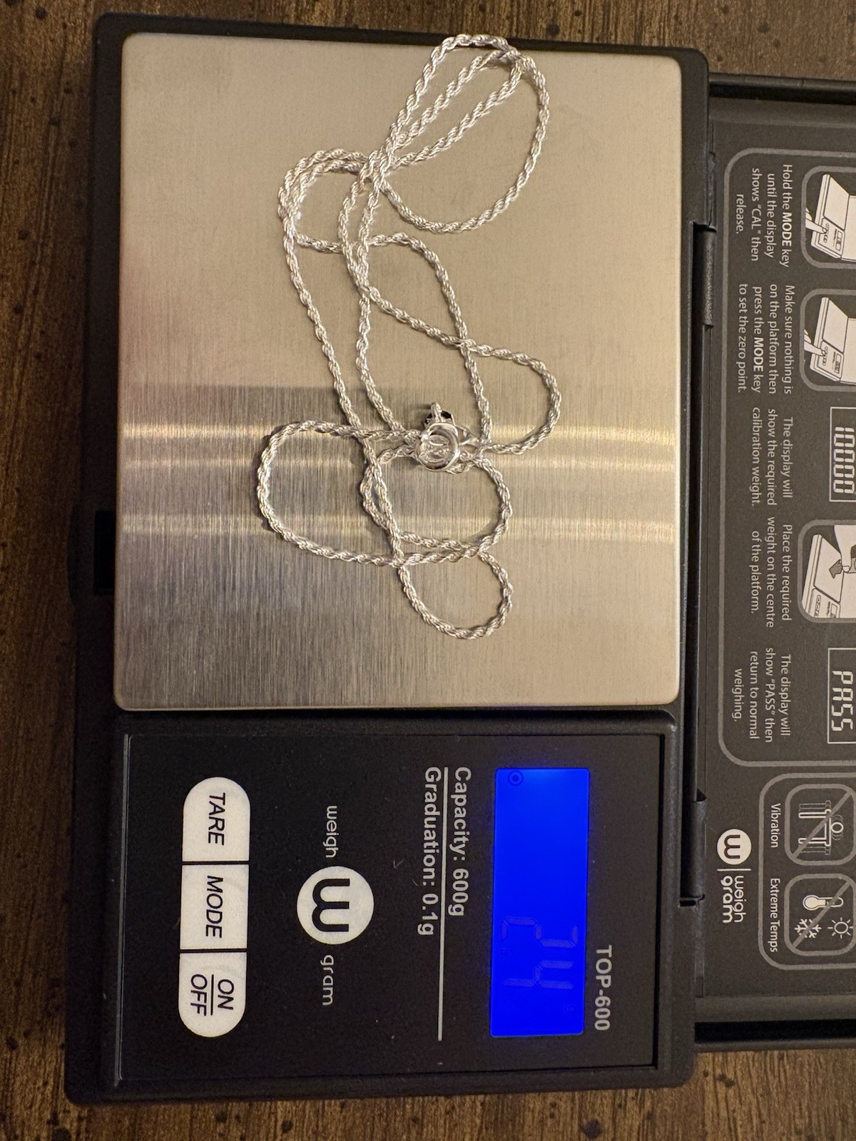 925 Sterling Silver Rope Chain Necklace 18 inch, 2.4 grams , 1.1mm