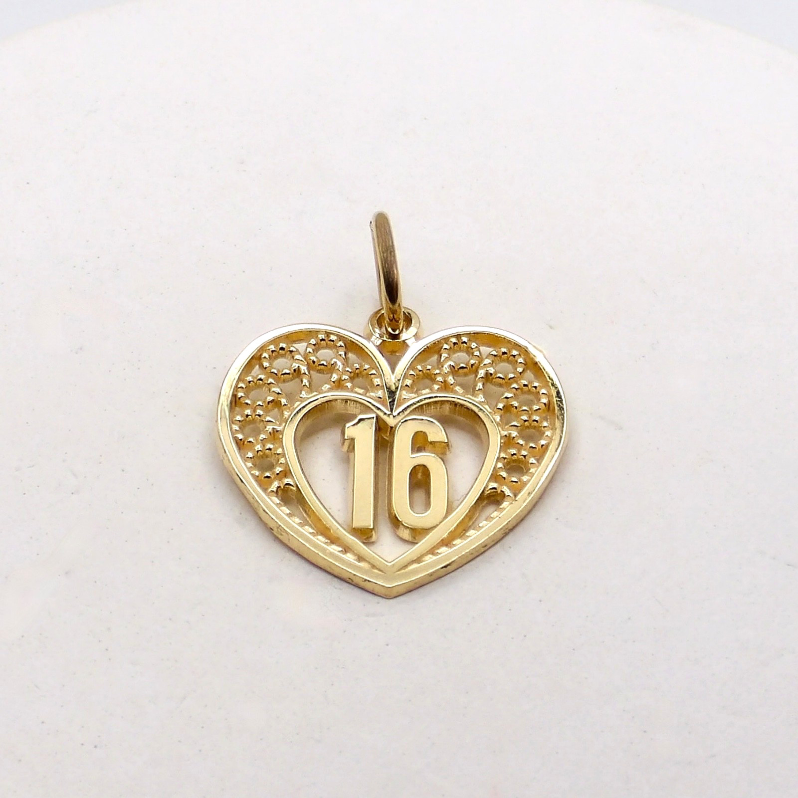 Solid 14k Gold Number 16 Sweet Sixteen Heart Charm Pendant Birthday Anniversary