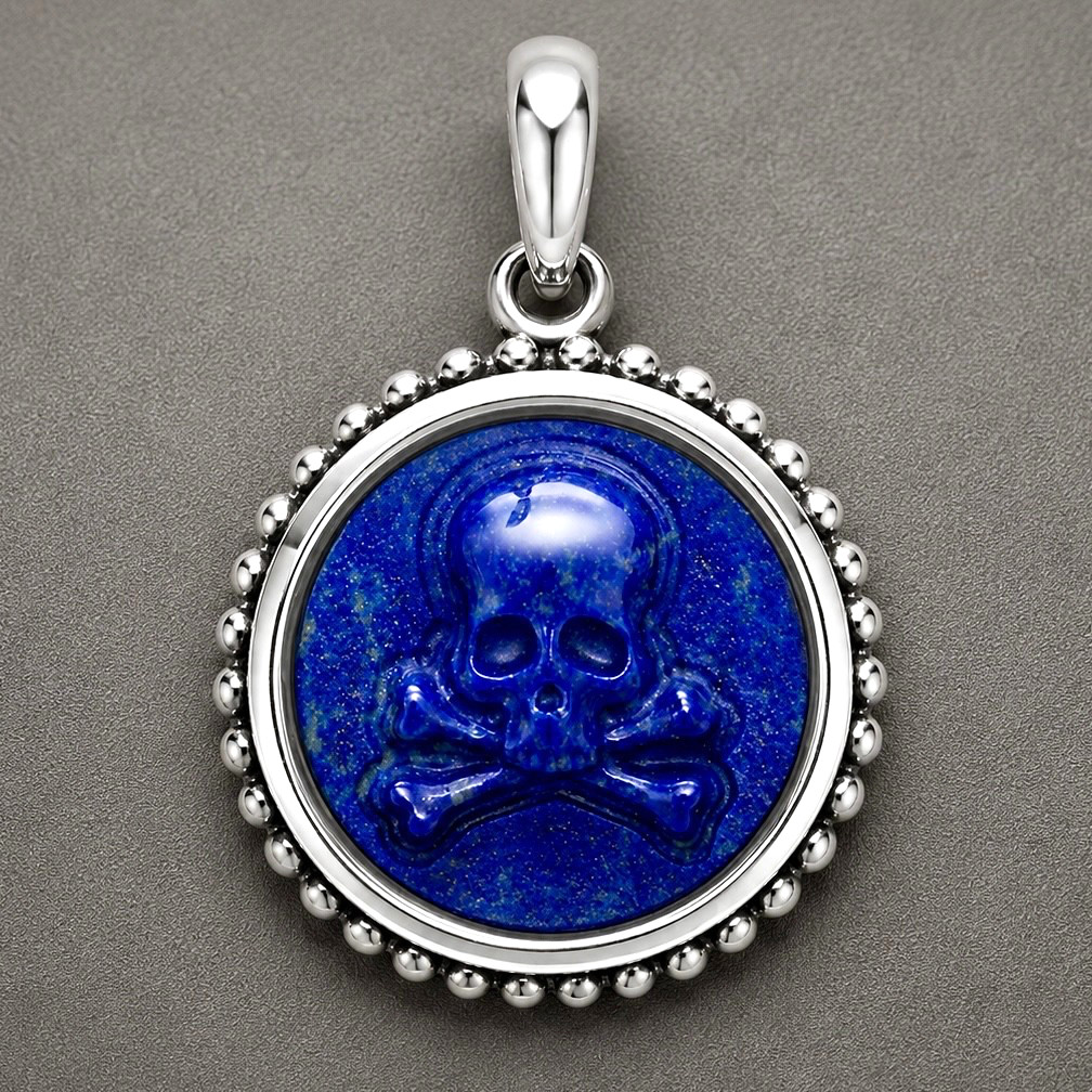 Lagos Men’s Sterling Silver 925 Lapis Anthem Circle Skull & Crossbones Pendant